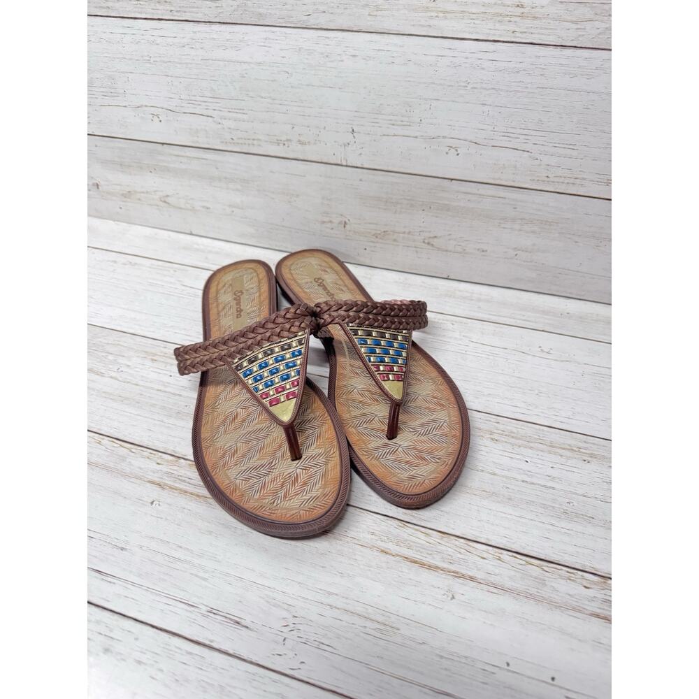 grendha women's silvestre bronze and jeweltone colored thong flip flop EUC 9